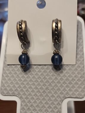 Vintage-Style Blue Bead Drop Hoop Earrings